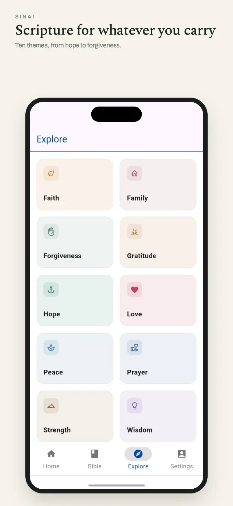 Explore screen showing ten Bible topics
